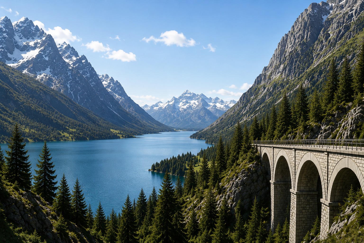 Alpine mountain lake and stone bridge
