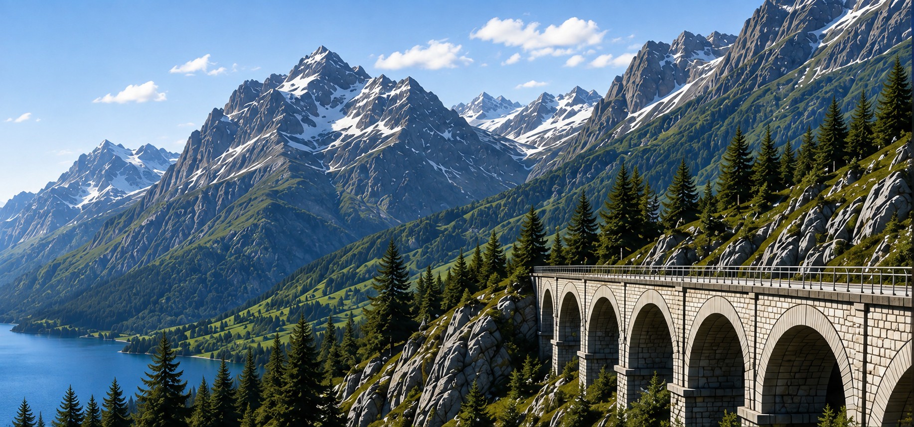 Alpine peaks and stone bridge
